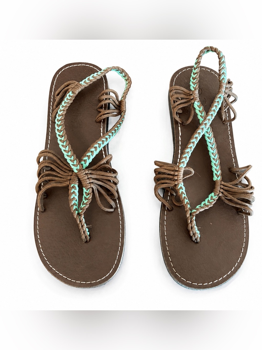 Plaka Seashell Sandals Brown Turquoise Braided Boho Size 8
